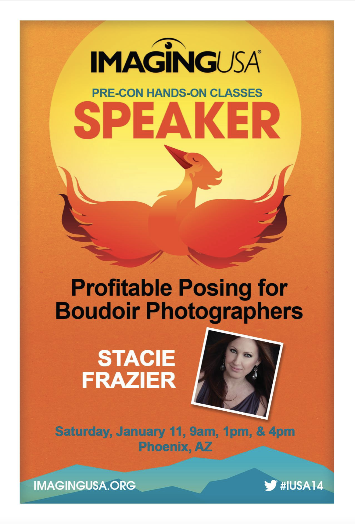 Flyer for an Imaging USA event featuring a speaker class with Stacie Frazier, scheduled for Saturday, January 11, in Phoenix, AZ, with a contact website and hashtag.