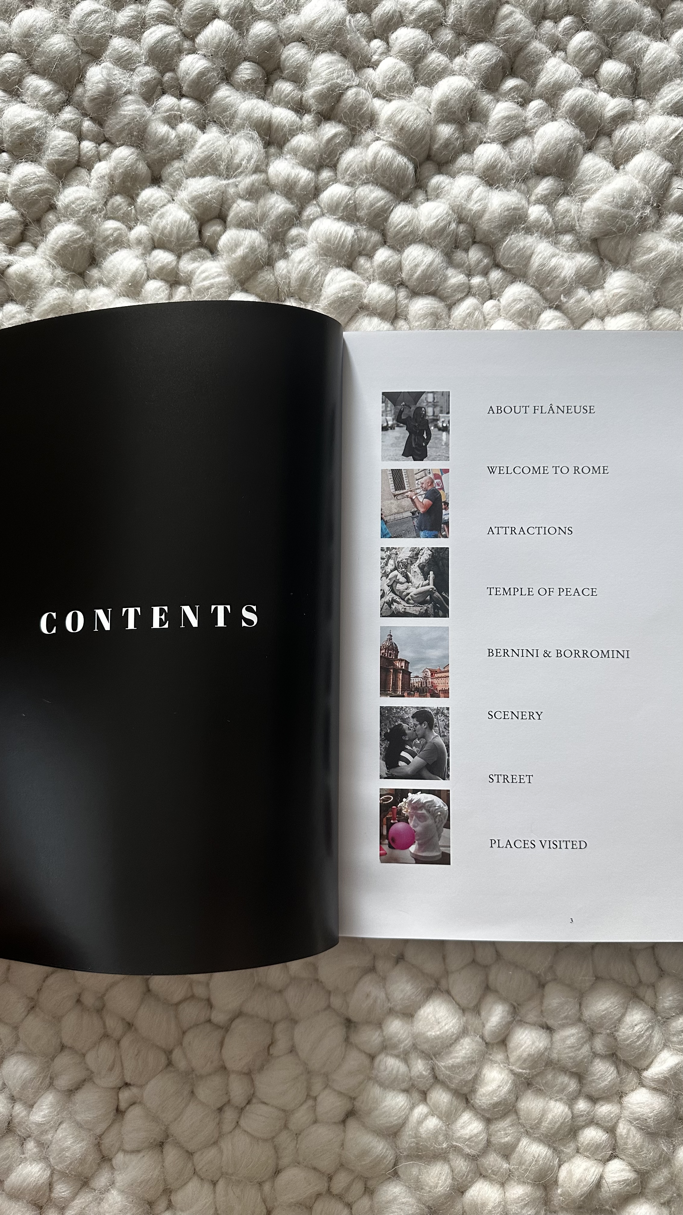 Table of contents page from a travel guidebook with sections: About Flâneuse, Welcome to Rome, Attractions, Temple of Peace, Bernini & Borromini, Scenery, Street, Places Visited, with small photographs next to each section.