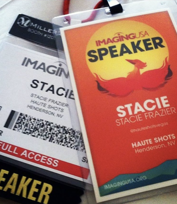 Conference badge and press pass for IMAGING USA featuring speaker Stacie Frazier from Haute Shots in Henderson, Nevada.
