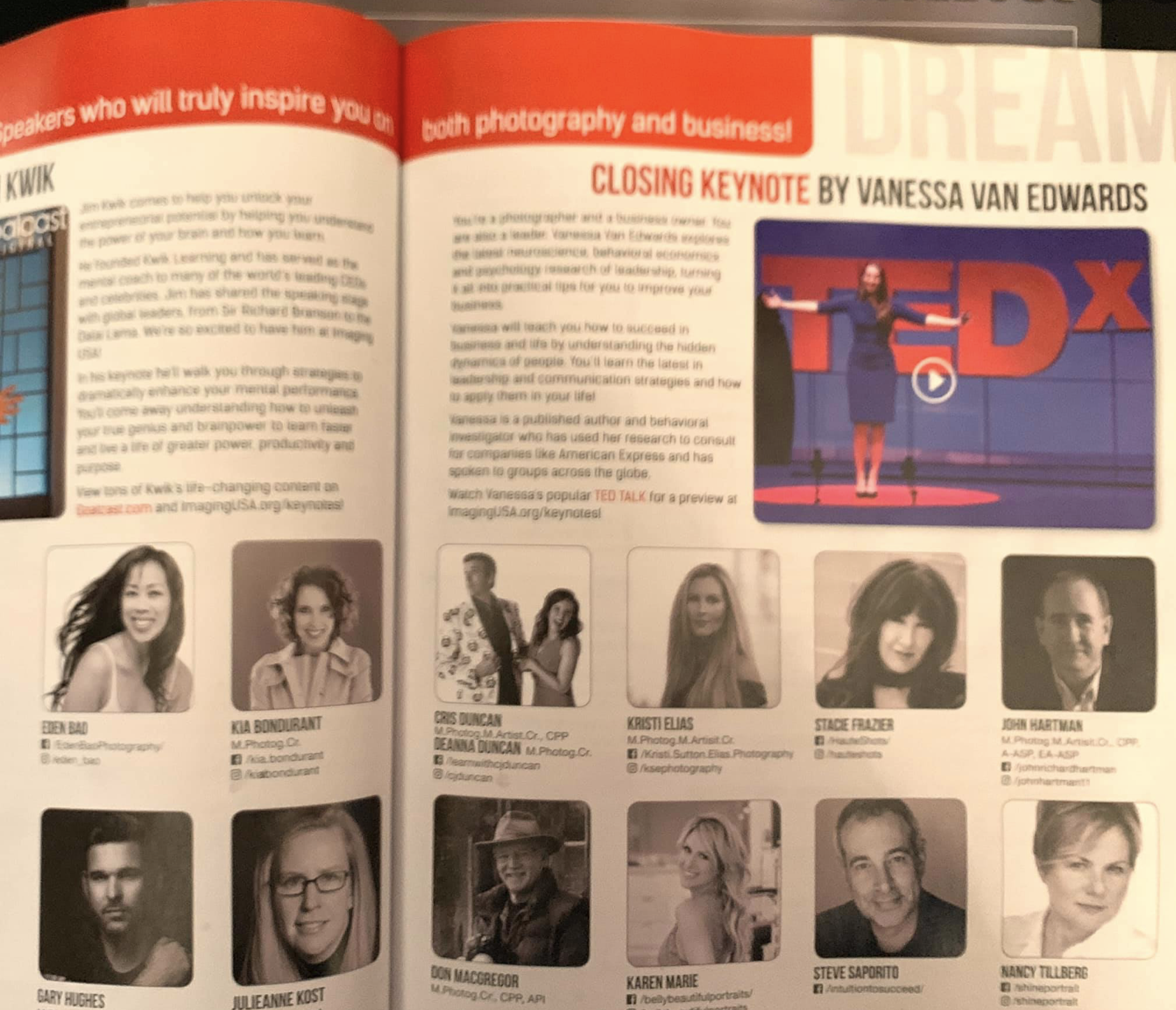Page from a magazine or program featuring a TEDx event with a main image of Vanessa Van Edwards on stage giving a TEDx talk. The page includes bios and headshots of various speakers, including Erin Brad, Kia Bonbourant, Chris Duncan, Deanna Duncan, K