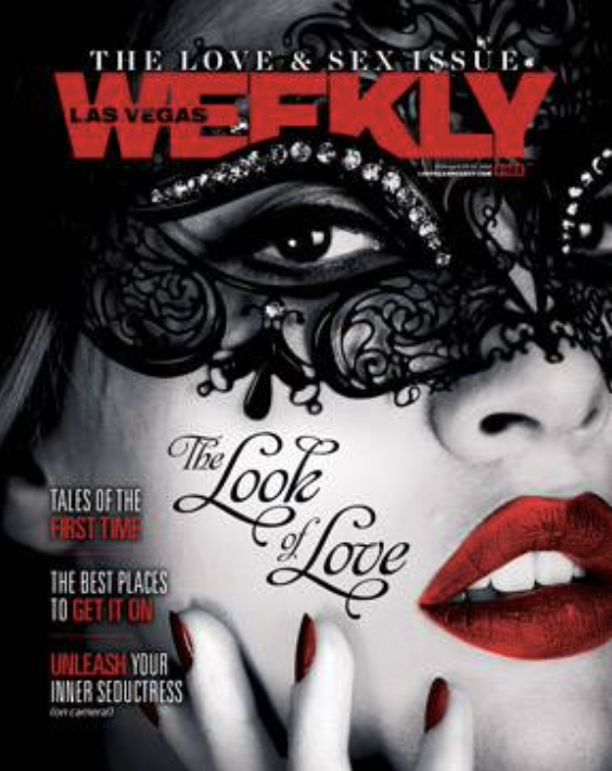 Cover of Las Vegas Weekly magazine featuring a close-up of a woman's face with curly hair, red lips, and red nail polish. The woman is wearing glasses with decorative embellishments, and the text mentions love and sex issues, with headlines about lov