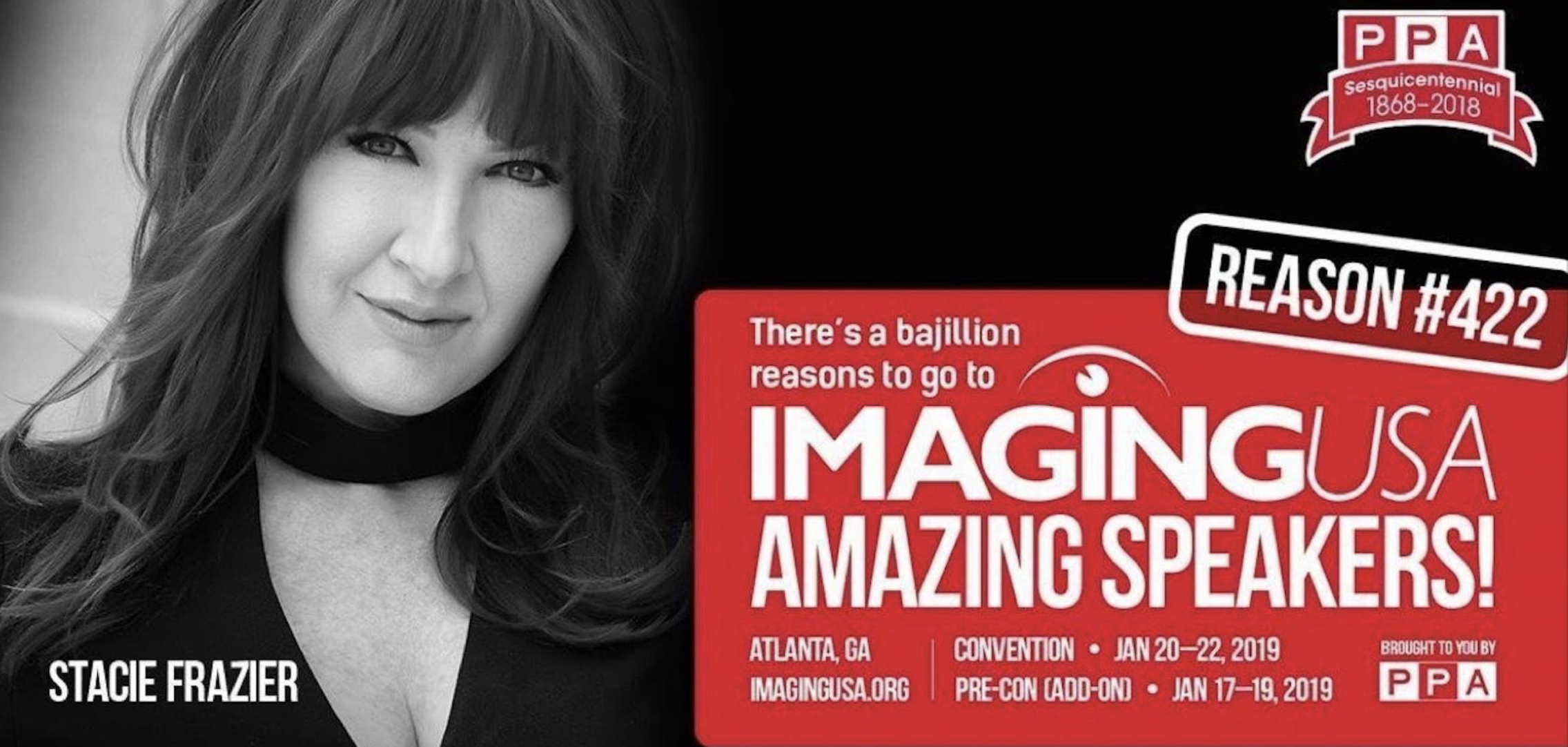 Black and white portrait of Stacie Frazier with a red and black background promoting Imaging USA convention, featuring text about speakers and event details.