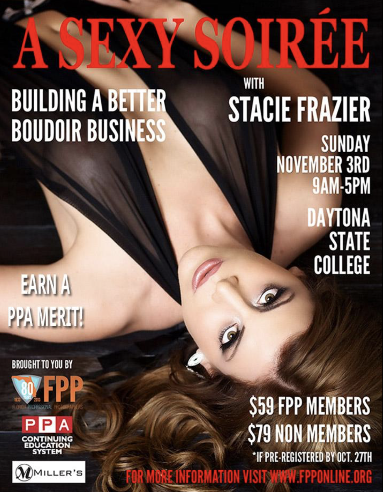 Event poster for 'A Sexy Soirée' featuring Stacie Frazier on Sunday, November 3rd, from 9 a.m. to 5 p.m. at Daytona State College, promoting building a better boudoir business and earning a PPA merit, with ticket prices for FPP members and non-member