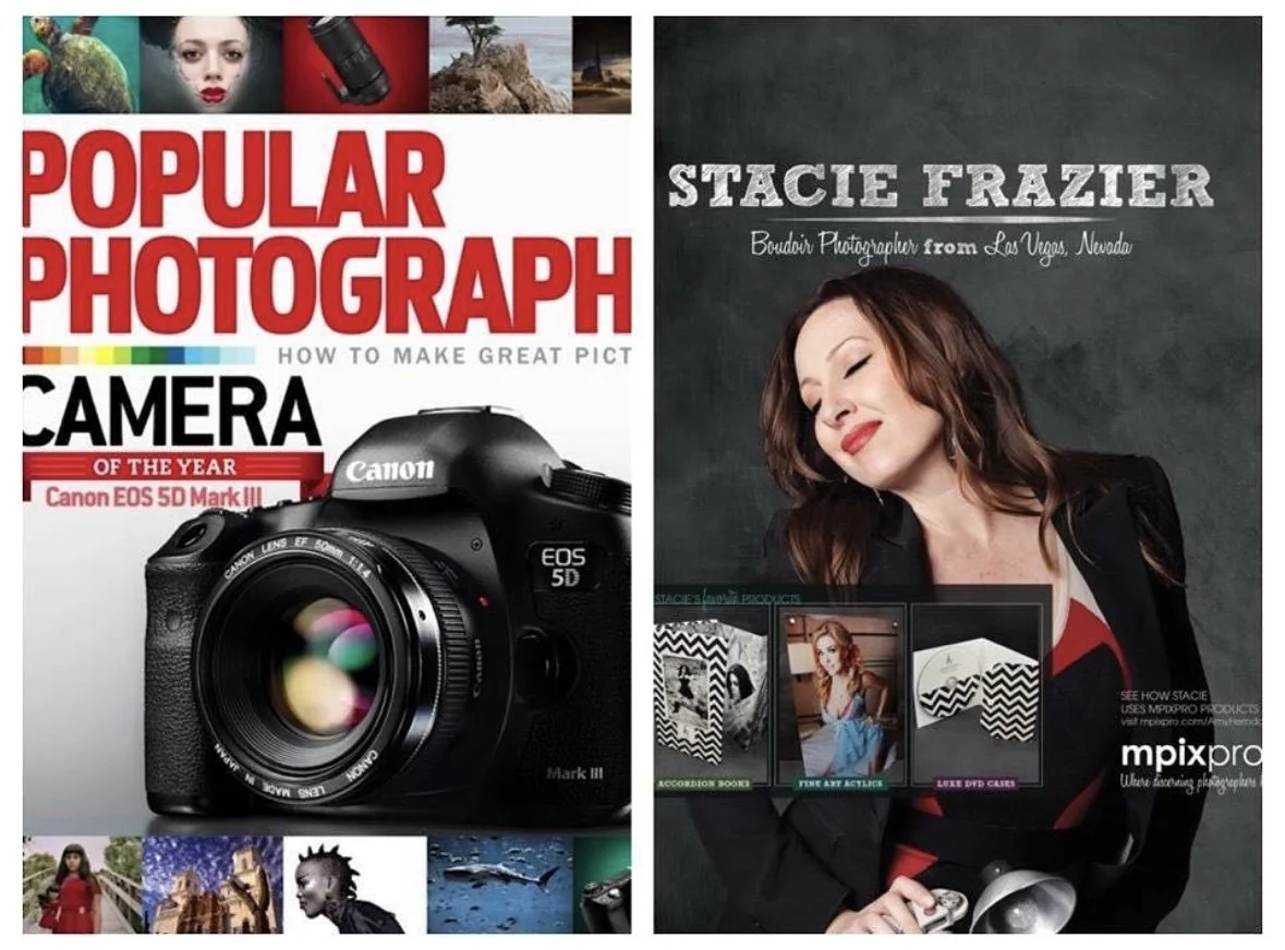 A magazine spread about photography features a cover image of a Canon EOS 5D Mark III camera on the left side, with bold red and black text. The right side showcases a portrait of a woman with auburn hair, smiling with eyes closed, against a dark bac