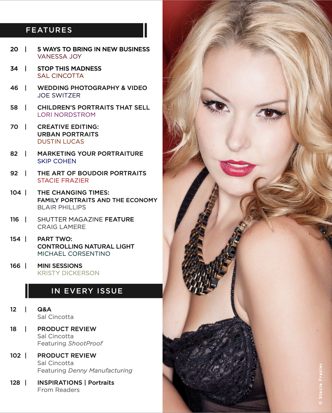 Magazine table of contents page with a woman with blonde hair, wearing red lipstick and a black lace top, on the right side of the page.