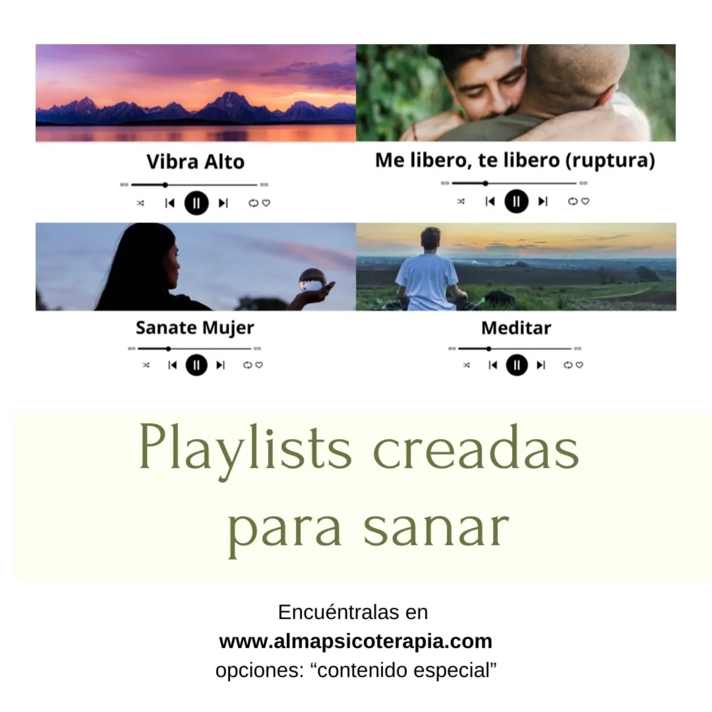 La m&uacute;sica tambi&eacute;n es terapia. 

Est&aacute;s playlists han sido creadas como recomendaci&oacute;n de muchas personas que han pasado por momentos dif&iacute;ciles y la m&uacute;sica los ha ayudado a avanzar. 

Gracias a todas las persona