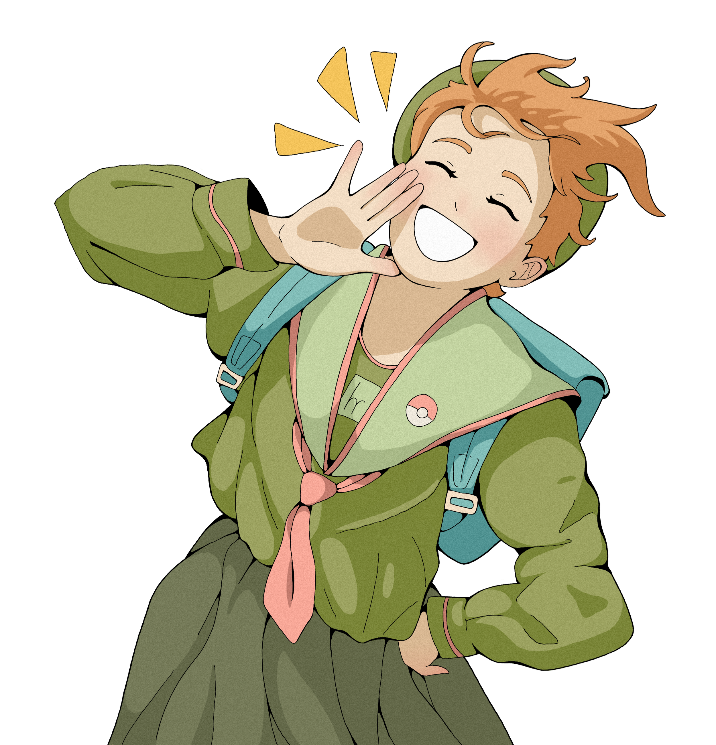 A young person with reddish hair, wearing a green cap, green jacket, and backpack, smiling and shouting with one hand near their mouth, in a cartoon style.