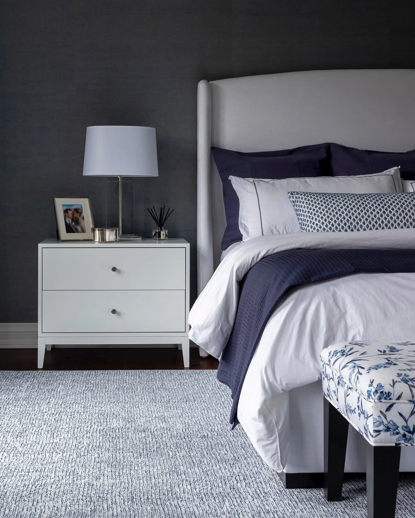 Classic navy and white make for a refined retreat ~ Swipe for another angle and for the before to see what we started with! 

📸 @kerri.torrey | Design @karinkolbinteriors | Project De Vere Gardens 

#BlueBedroom #BedroomGoals #InteriorInspo #CozyHom