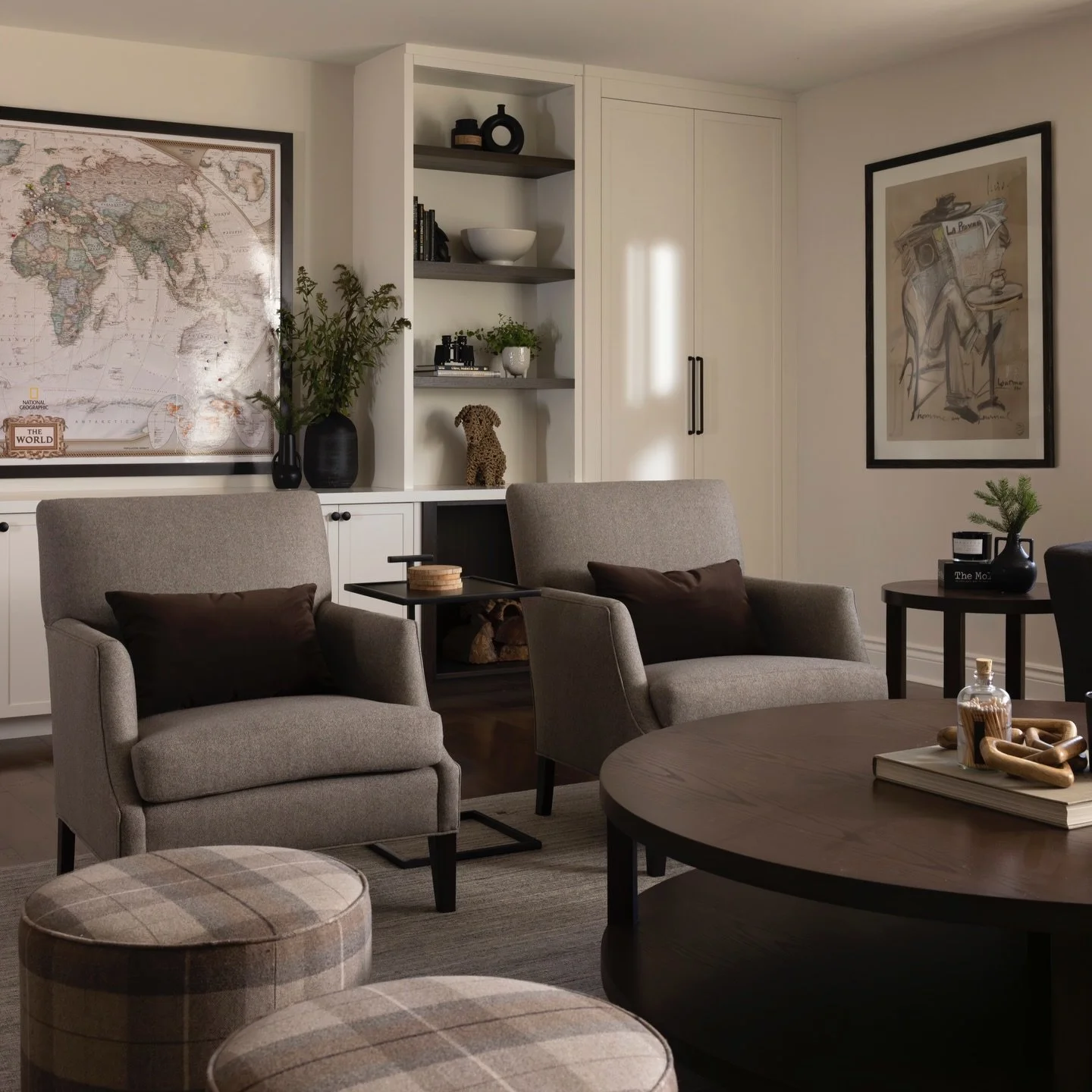 Another view of the family room at our Craigleith ski chalet project, swipe for more and the before! 

New built in&rsquo;s, a fresh coat of paint, pot lights, new carpet, chairs, coffee table, side tables, ottomans, draperies and accent pillows take