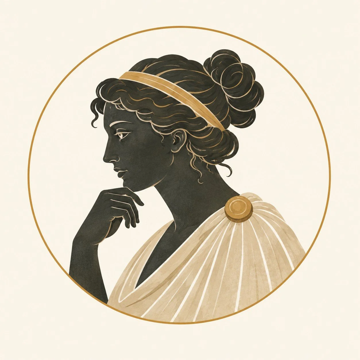 Thoughtful classical woman in profile within a fine gold circle.