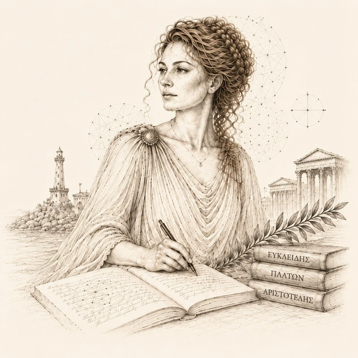 Sepia pencil illustration of Hypatia writing in an open book, surrounded by classical architecture, books, and an olive branch.