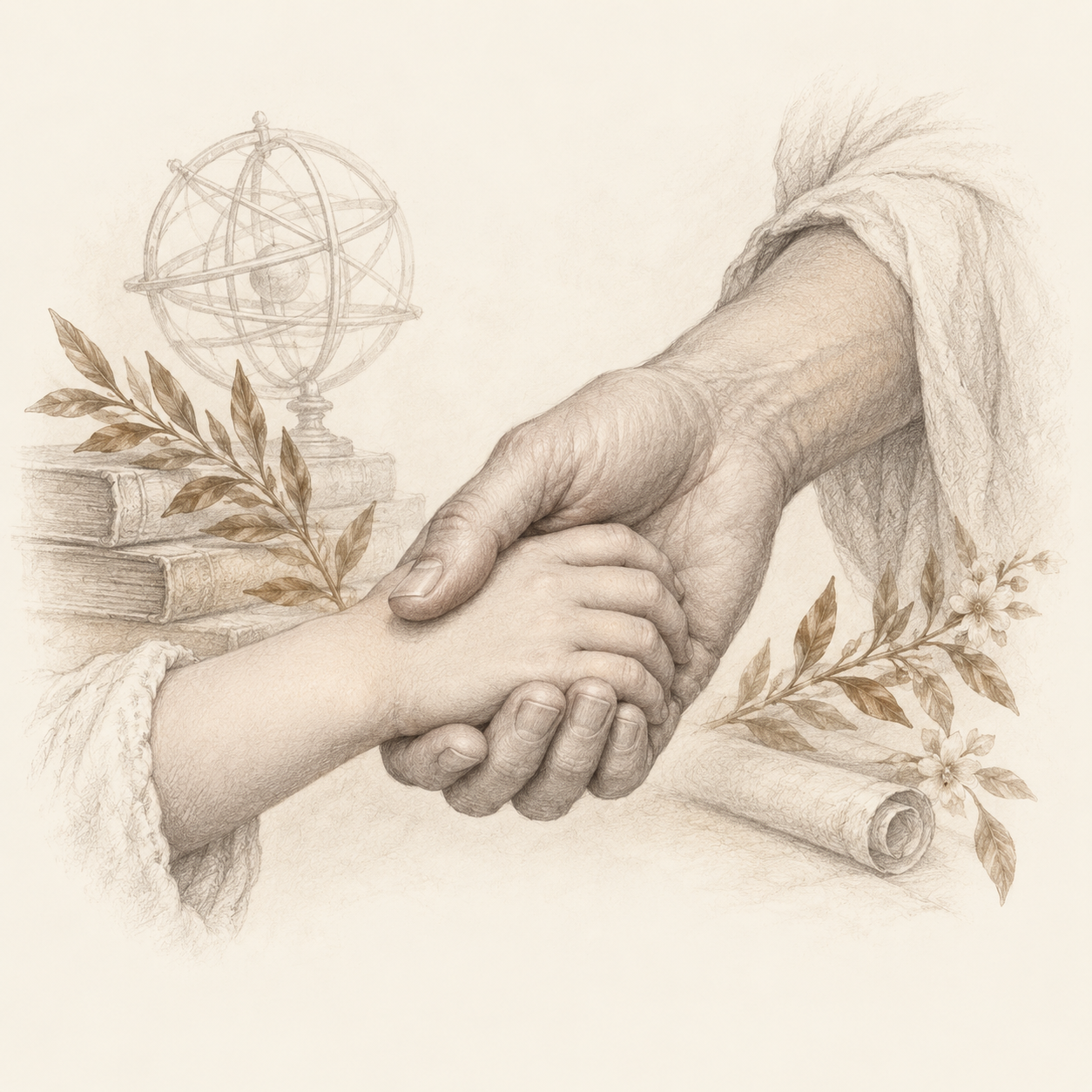 Graphite drawing of an adult hand gently holding a child’s hand.