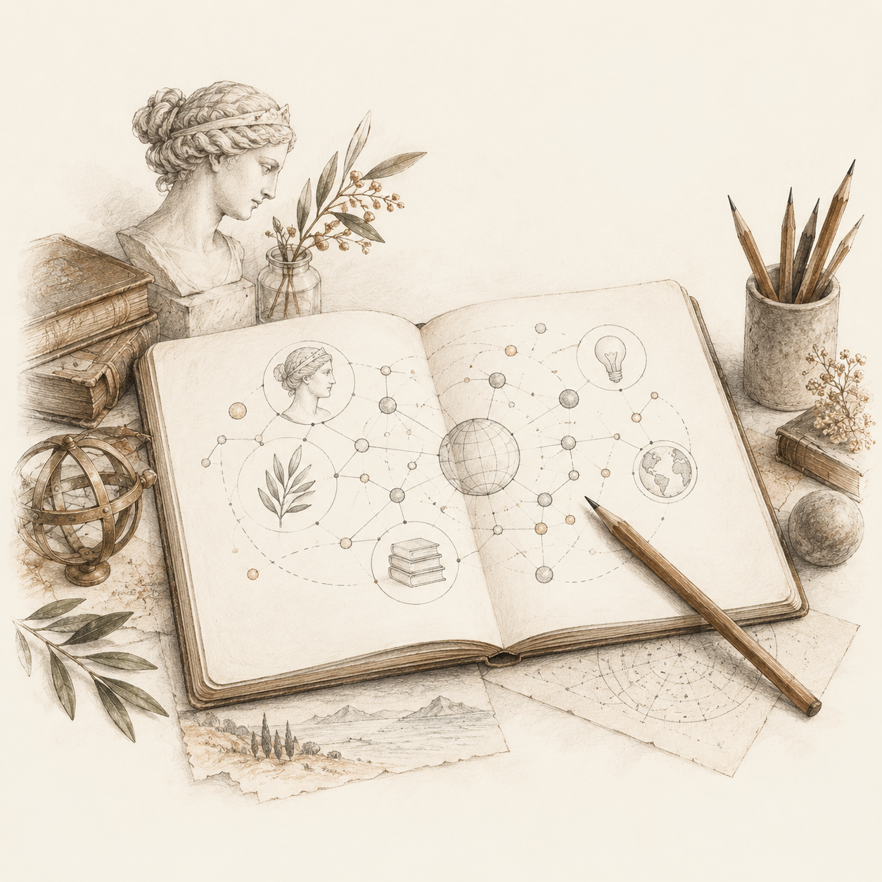 Graphite drawing of an open notebook with a connected network of ideas.