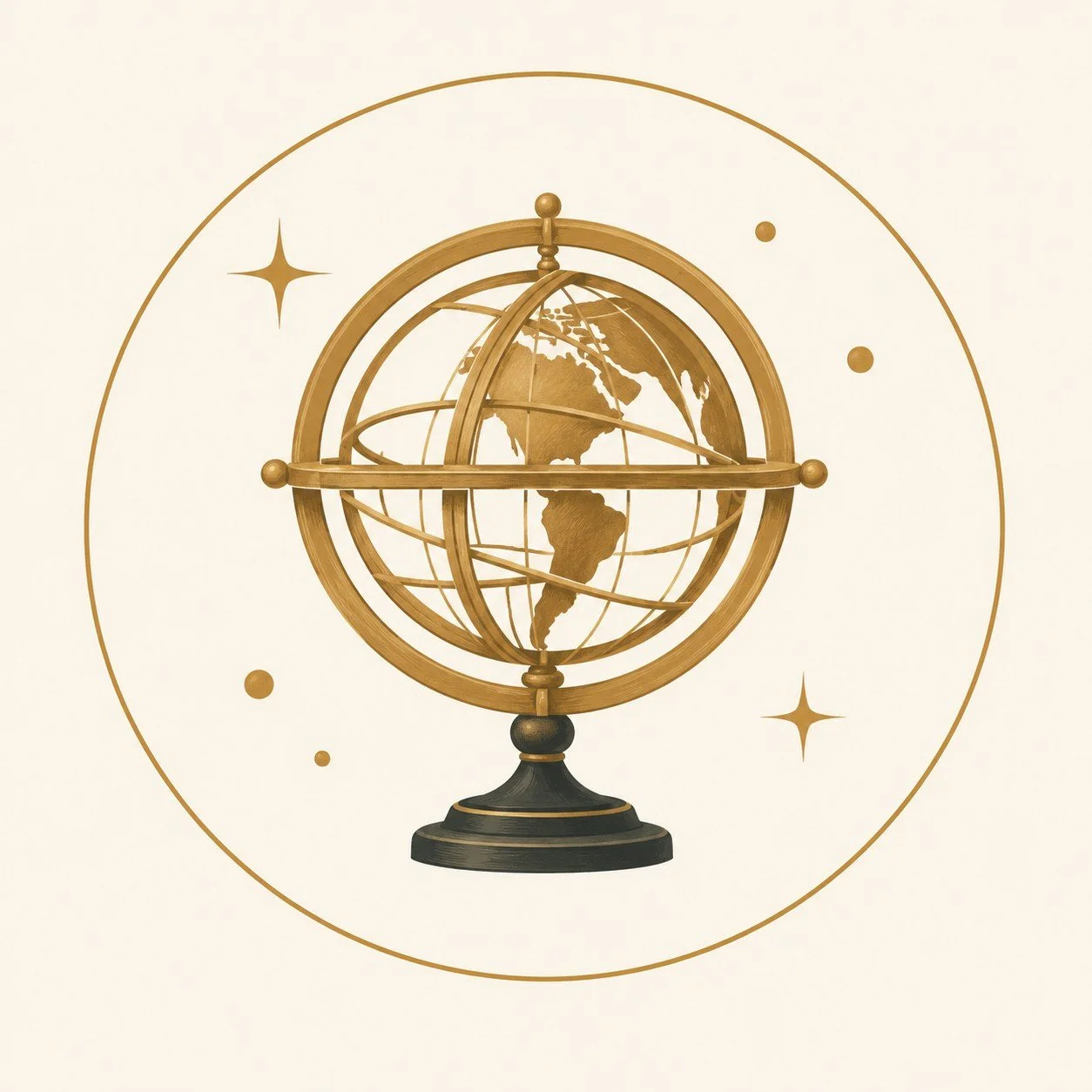 Antique gold armillary globe within a fine gold circle.