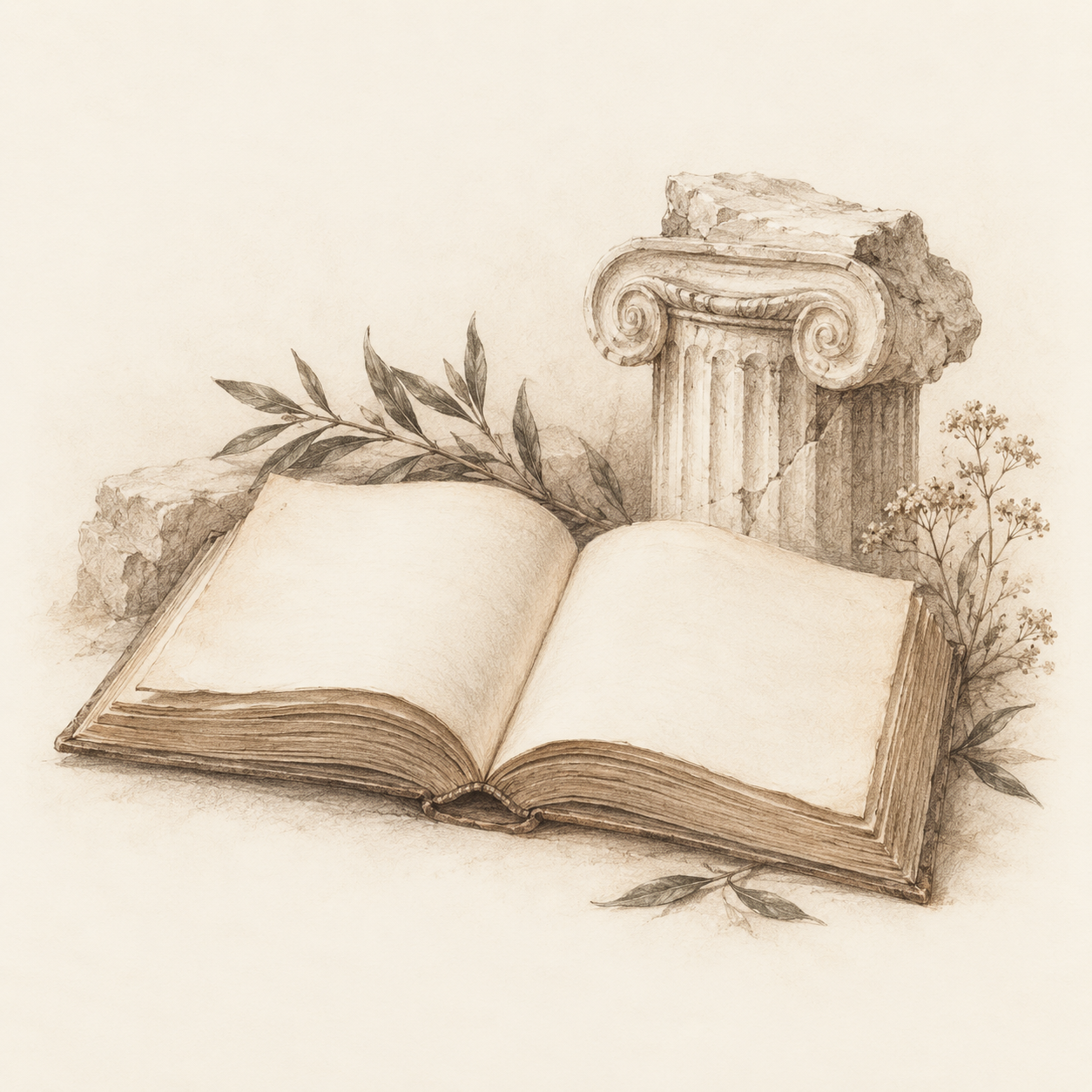 Graphite drawing of an open antique book beside a classical column.