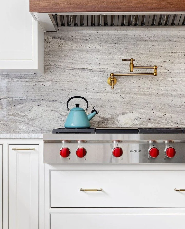 Stone, wood, brass, and steel&mdash;⁠
Each texture tells a story.⁠
⁠
The warmth of brass meets the coolness of marble.⁠
The @Miele Wolf range stands bold with its signature red knobs.⁠
Together, they create a kitchen that feels both grounded and refi