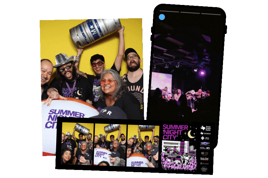 An animated graphic that includes two photos and a video.  The first photo on the left is of a happy group in front of a yellow backdrop.  The second photo on the bottom is a 2x6 photo strip.  The video on the right is of a band playing.