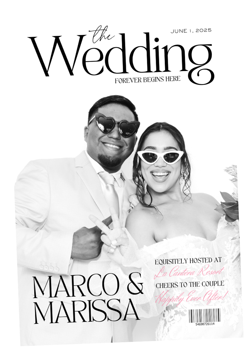 Black and white photo of a smiling newlywed couple in sunglasses, with the man in a light suit and tie and the woman in a wedding dress, holding a bouquet, on the cover of a wedding magazine. Text indicates the wedding is for Marco and Marissa, hosted at La Cantera Resort on June 1, 2025.