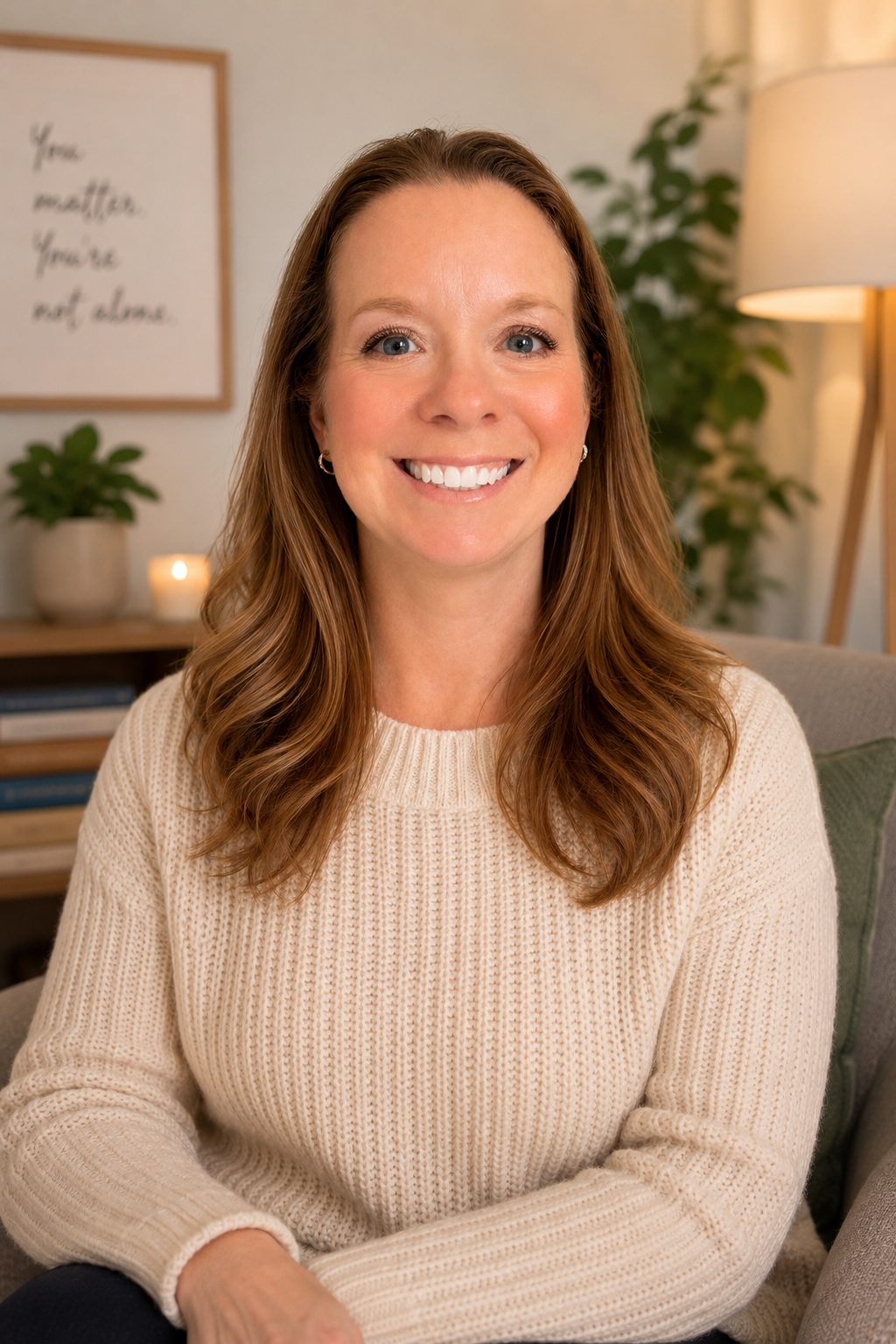A woman with long, wavy brown hair and a bright smile is sitting on a sofa in a cozy room. She is wearing a cream-colored knitted sweater. In the background, there is a framed quote on the wall, a potted plant, a lit candle, and a floor lamp.