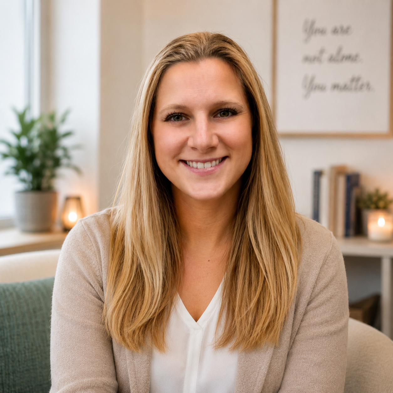 A smiling woman with long blonde hair sitting on a sofa in a cozy, well-lit room with plants, books, and candles in the background.