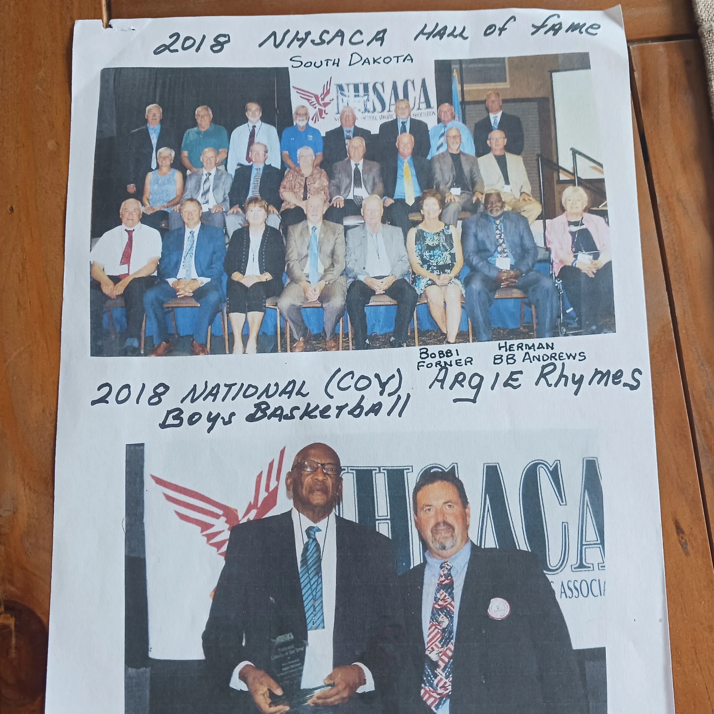 2018 National Awards--Top-Bobbi Forner-Herman BB Andrews HOF---Bottom Argie Rhymes 2018 Nat'l Boys Basketball COY