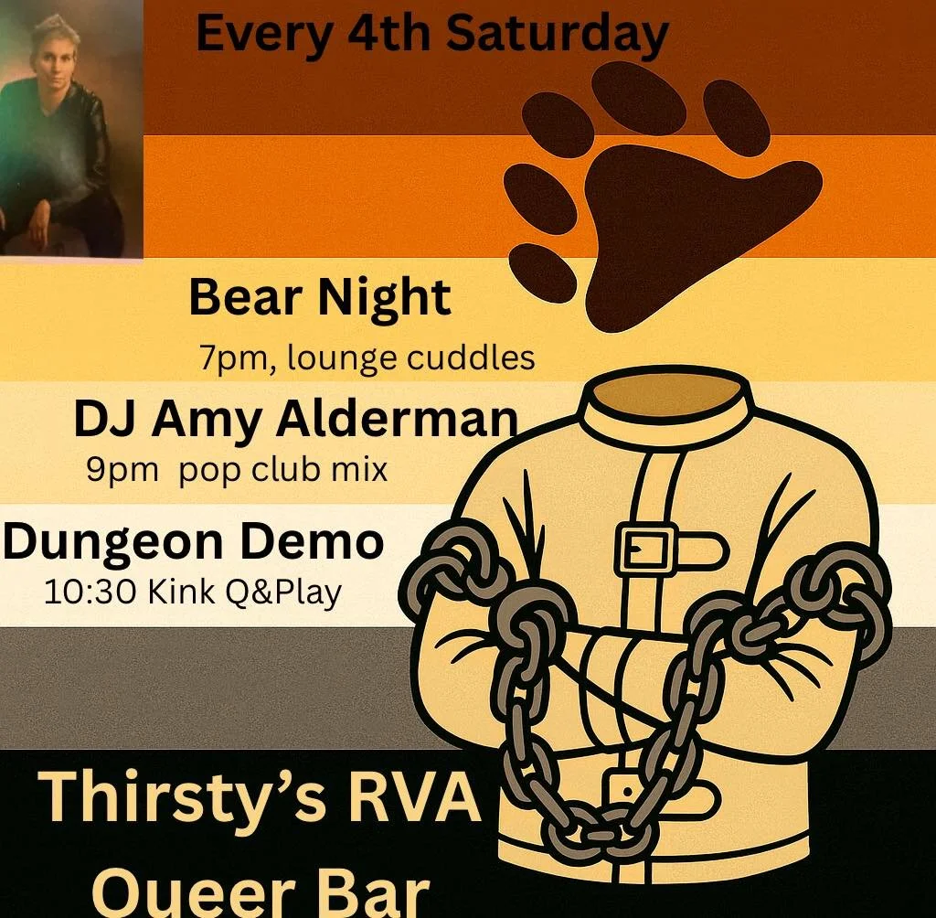 🏳️&zwj;🌈🐻Bear Night &amp; Dungeon Demo⛓️🏳️&zwj;🌈

This Saturday 11/22 starting at 7 with Bear Night, DJ Amy Alderman starts at 9, and Dungeon Demo of Bondage and restraints at 10:30. 

The lounge will be open for cuddles from 7-10 then it will b