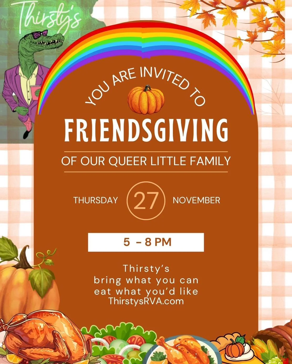 🏳️&zwj;🌈🦃Happy Thanksgiving🦃🏳️&zwj;🌈

Join us for our annual Thanksgiving-Friendsgiving Potluck 5-8 today 
(we still open at 3 but will close a little early)

Bring what you can (if you can, but bring yourself regardless) and eat what you&rsquo