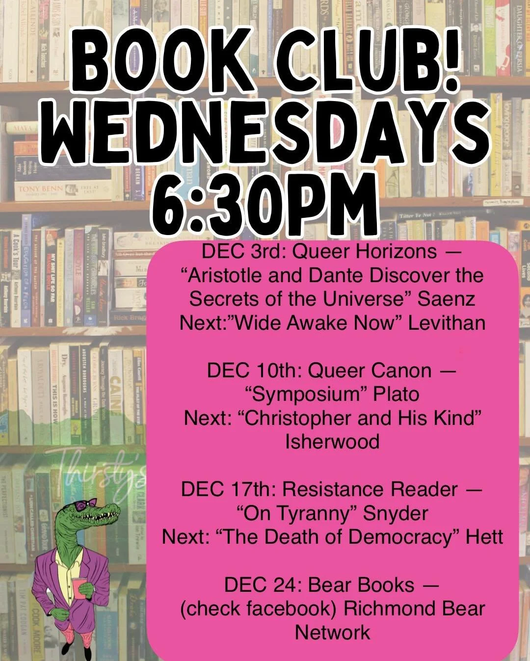 🏳️&zwj;🌈🍿Queer Fan Cinema &amp; Book Club📚🏳️&zwj;🌈

This week at Thirsty&rsquo;s:

Aristotle and Dante Discover the Secrets of the Universe (book and movie double feature)

Wednesday: The Queer Horizons Book Club meets 12/4 6:30pm-8pm in the lo