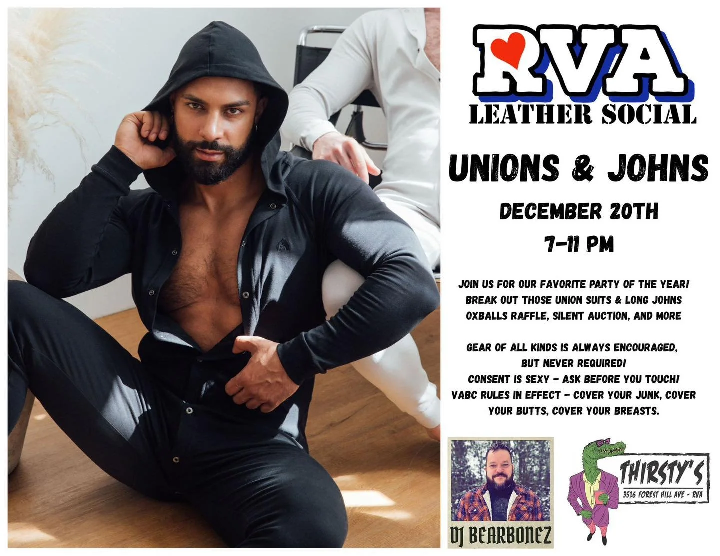 🏳️&zwj;🌈👨🏼&zwj;✈️Leather Night👨🏼&zwj;✈️🏳️&zwj;🌈

This Saturday is Leather Night, Long Johns, thermals, and Union Suits. Though LEATHER and harnesses are always in vogue.