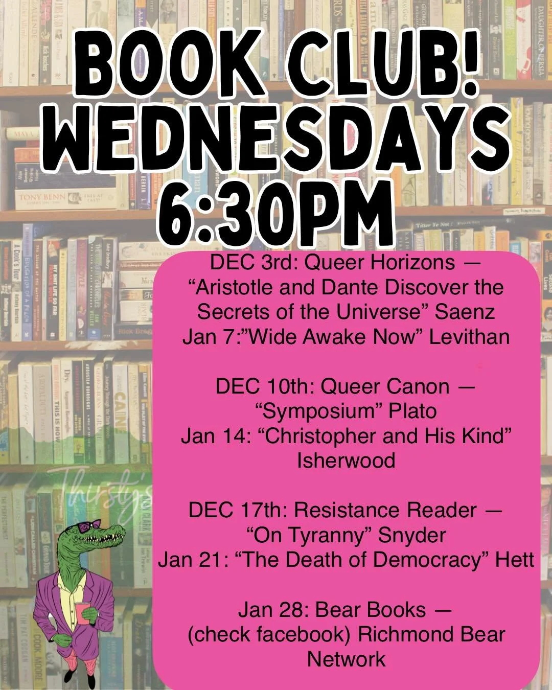 🏳️&zwj;🌈🍿Queer Fan Cinema + Book Club📚🏳️&zwj;🌈

This months Books

Queer Horizons &ndash; January 7 at 6:30

📚Wide Awake by David Levithan
A queer coming-of-age novel set against a surreal near-future election, Wide Awake blends first love, po