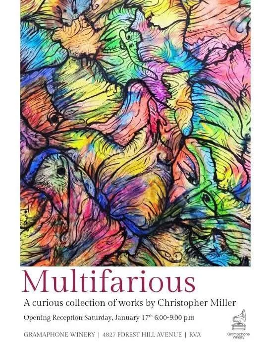 This Saturday at the Gramophone Winery, right down the street from Thirsty&rsquo;s at Westoverhills Boulevard (4827 Forest Hill Avenue) 6-9pm

Our friend and team member Chris Miller will have an art opening come out. 

Reminder Thirsty&rsquo;s will 