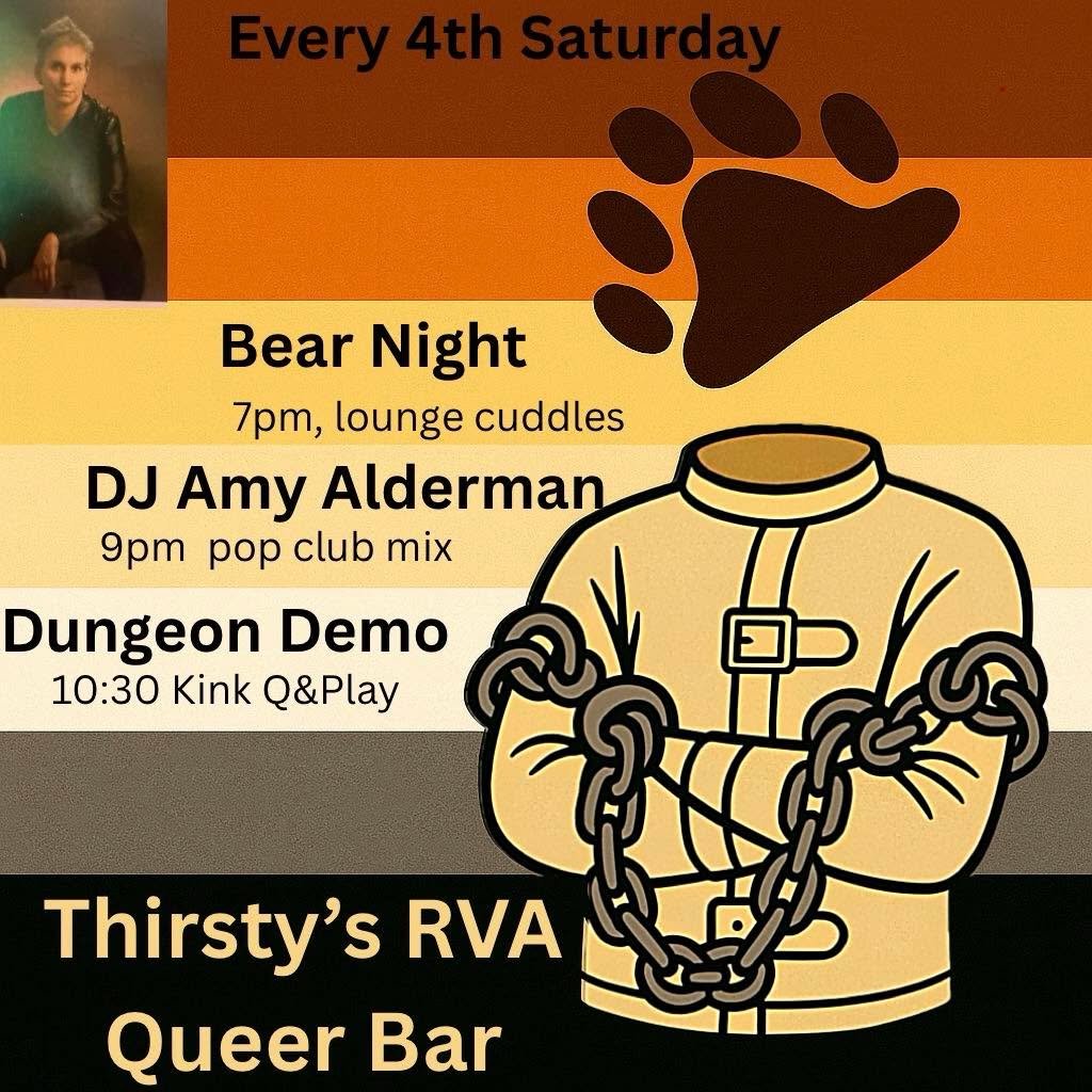 🏳️&zwj;🌈🐻Bear and Bondage Night⛓️🏳️&zwj;🌈

Tonight 2/28 with DJ Amy Alderman at 9pm

⛓️The Bondage and Kink demo at 10:30 will be discussing breath play and choking. THERE WILL NOT BE FREE PLAY AFTER!  This will be a discussion and presentation 