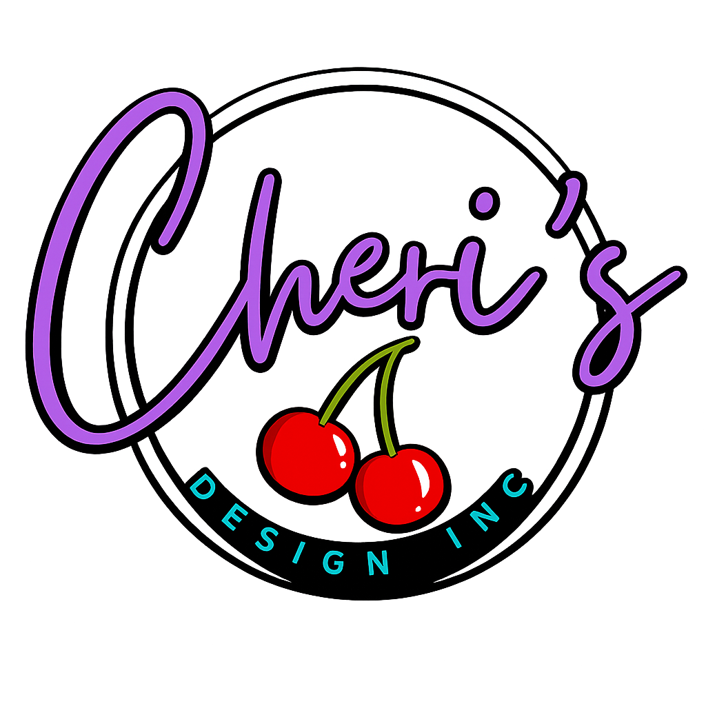 Neon sign with the word 'Cheri's' in purple cursive and two red cherries with green stems. Below, it says 'Design Inc' in blue letters, enclosed in a black circle outline.