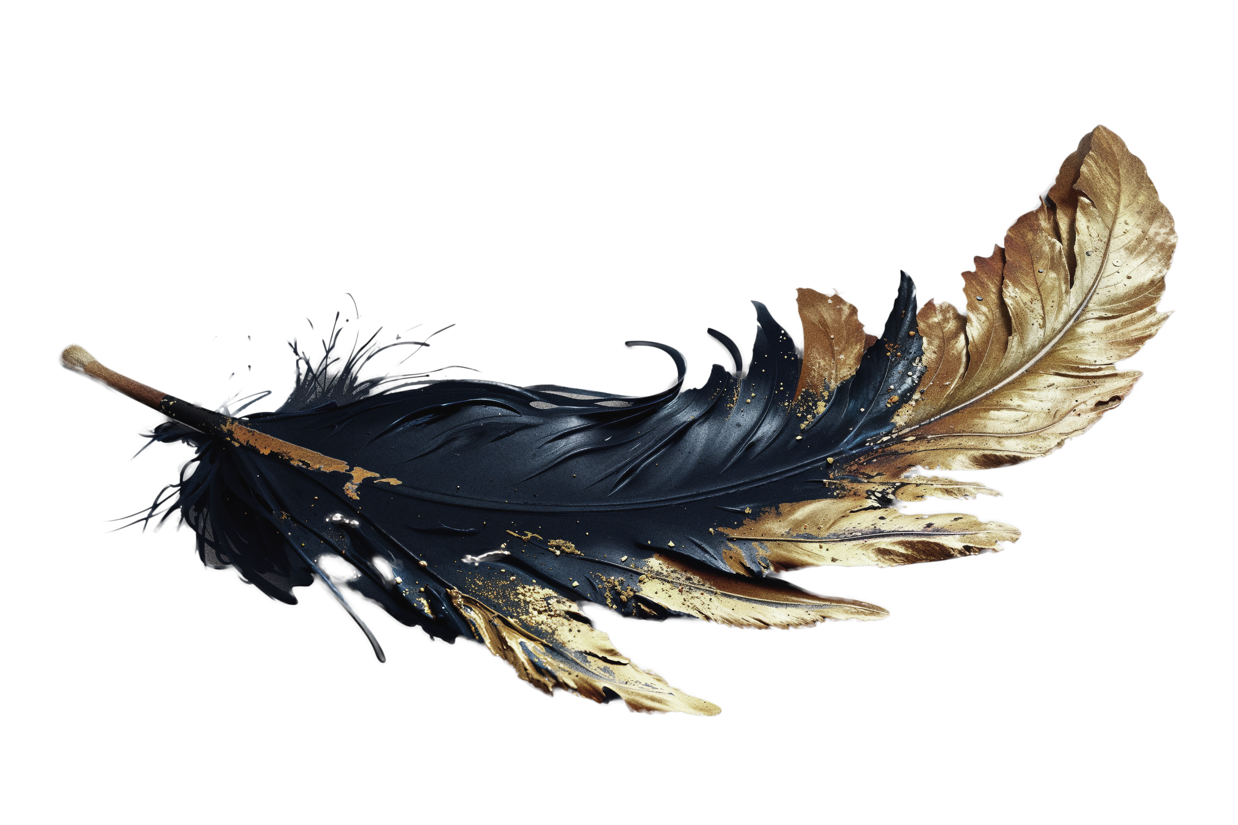 A graphic of a black feather dipped in gold paint