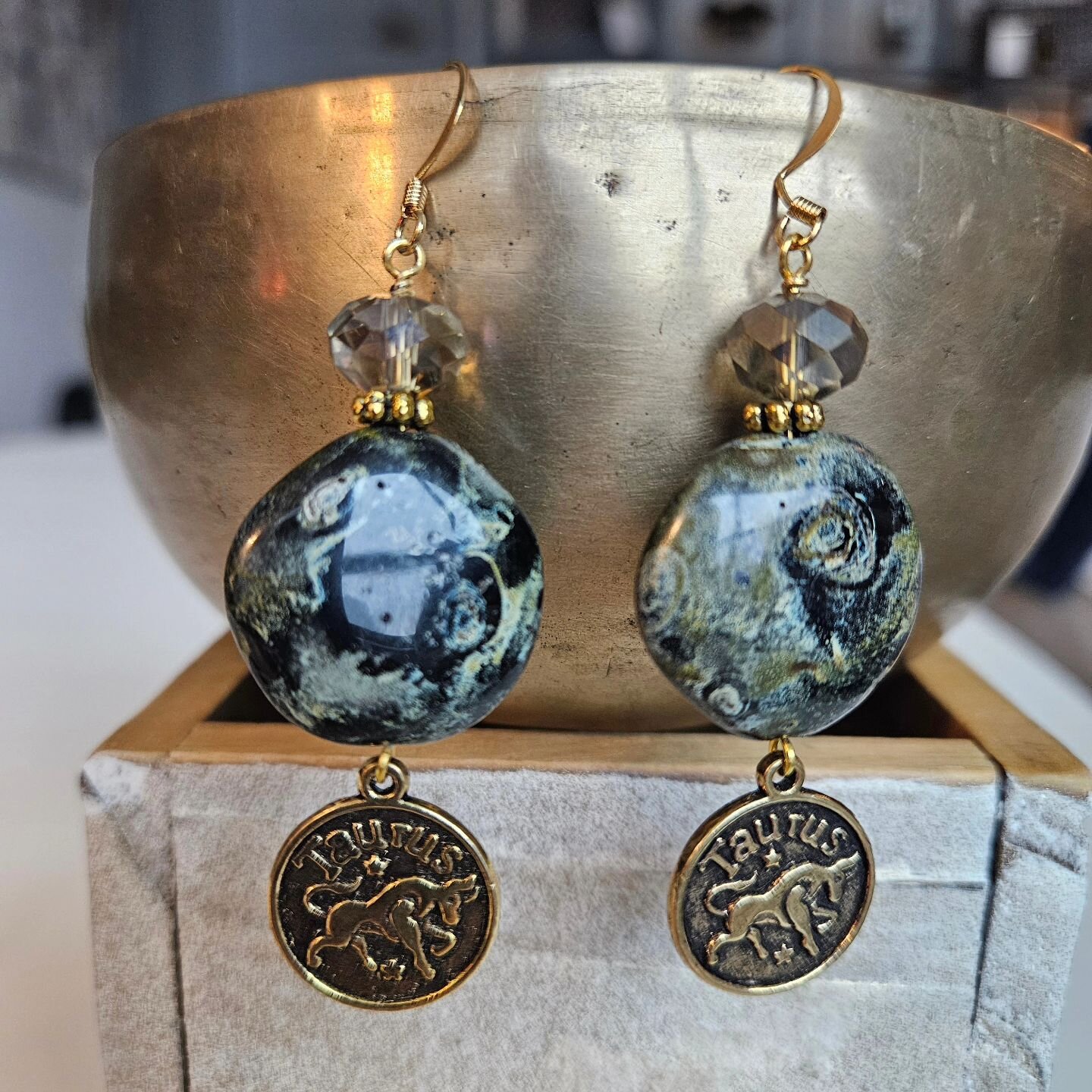 ♉️ Taurus ~ &quot;Trustworthy&quot; ~ Gold

These are stunning!  Solid stone of swirling greens, blues, black and white speckles.  I wanted to let the stone shine so I added a studded gold divider and beveled smoky crystal to keep it boujie like we l