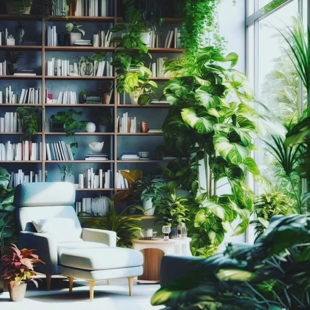 Image of a very stylish seating are with books and plants.