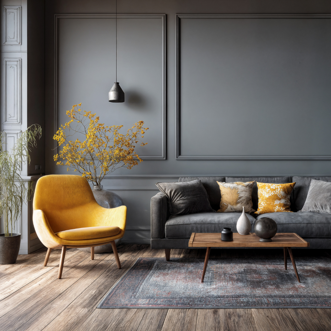 Image of a stylish interior with grey walls, a grey couch,  mustard yellow chair, yellow flowers and a coffee table with ceramic pots on it.