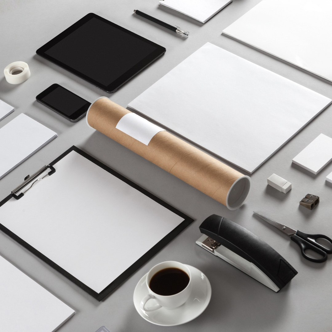 Image of desk with stationary items organized neatly on top
