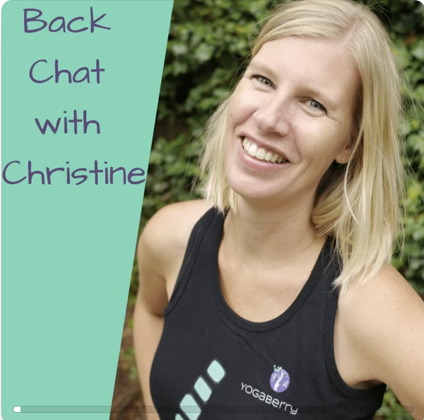 Woman smiling in front of greenery with "back chat" text