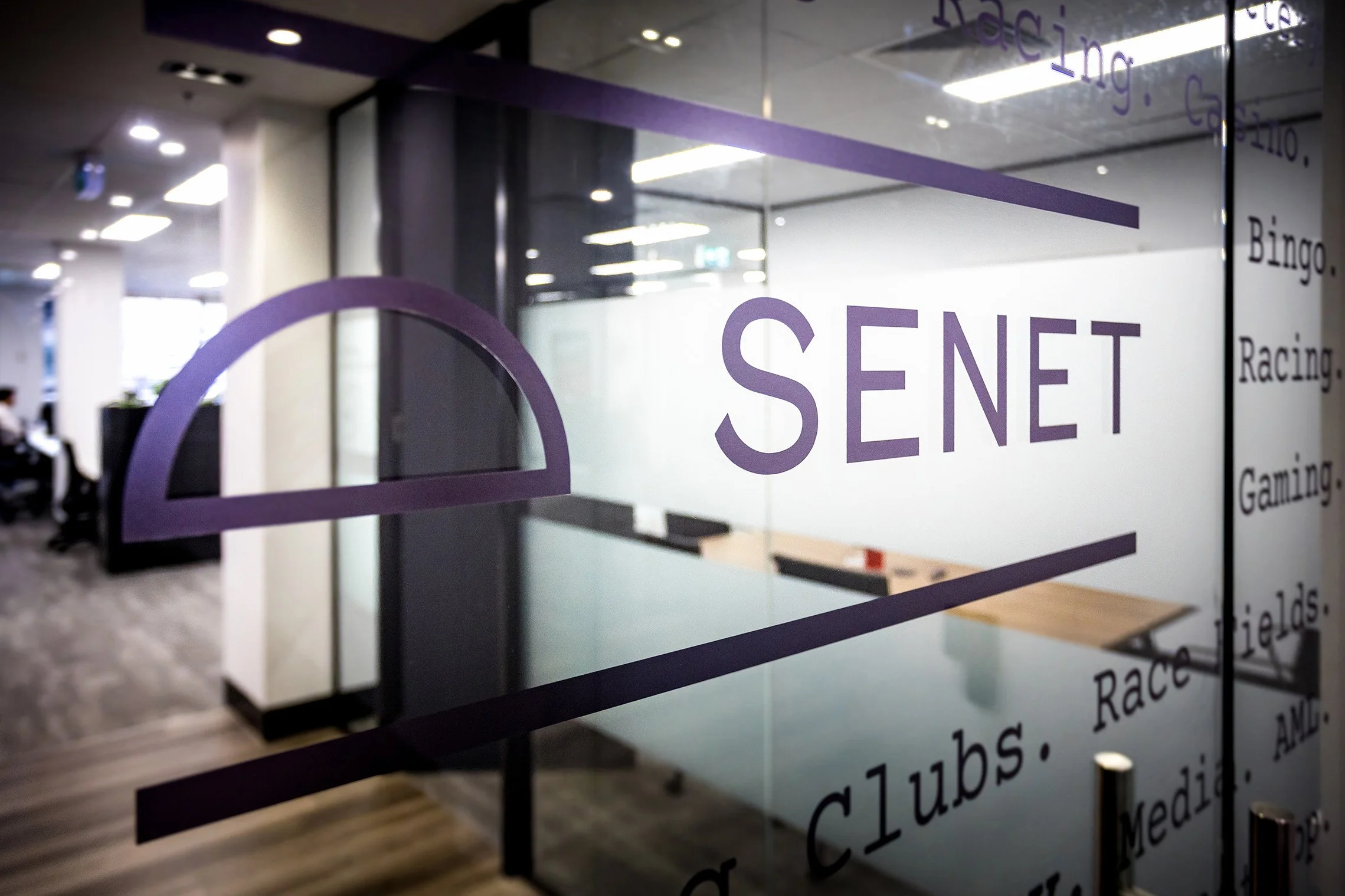 Senet branded glass entry door