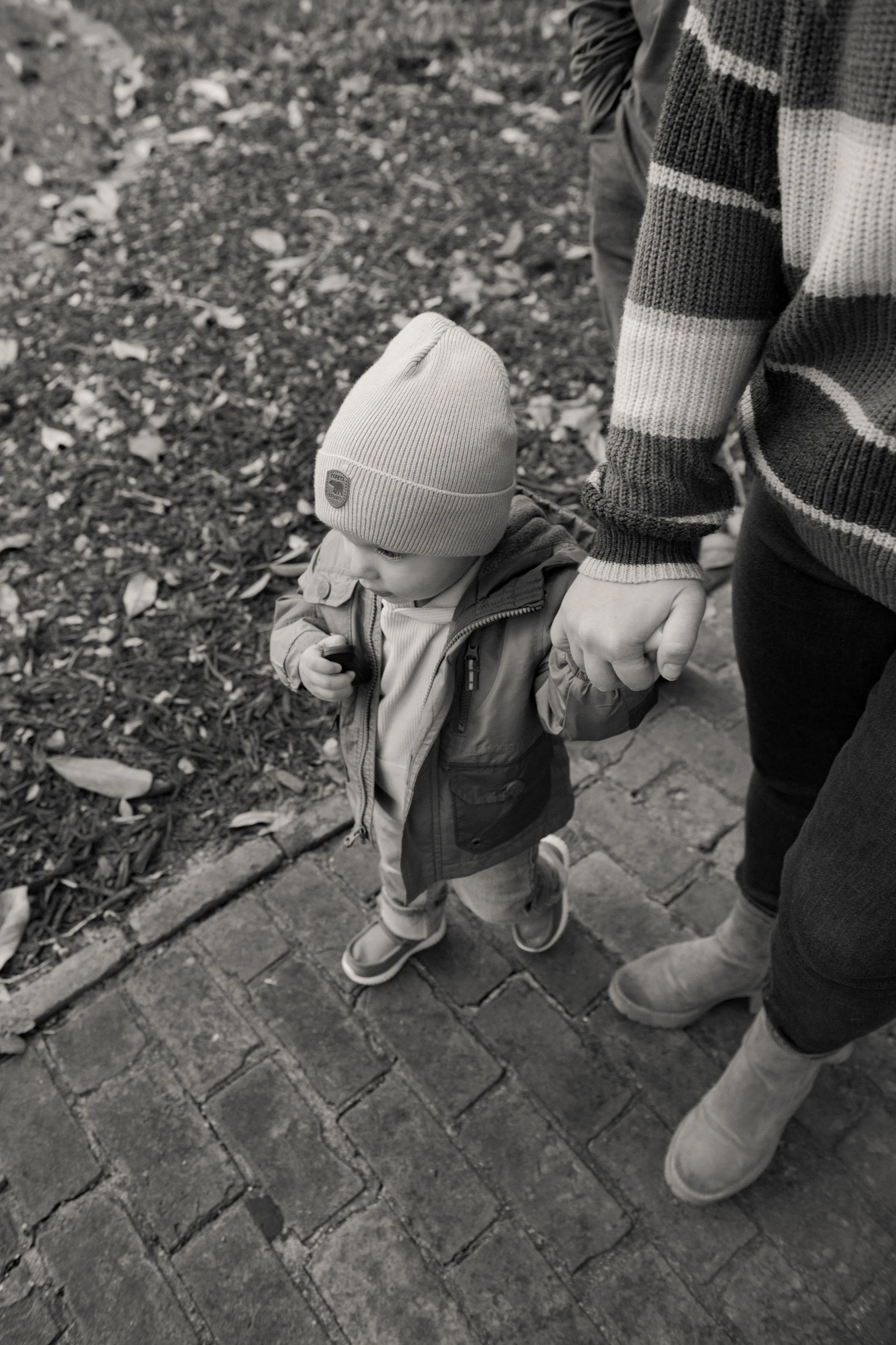 A young child holding an adult's hand while walking on a brick sidewalk, wearing a beanie, jacket, and sneakers, with fallen leaves on the ground.
