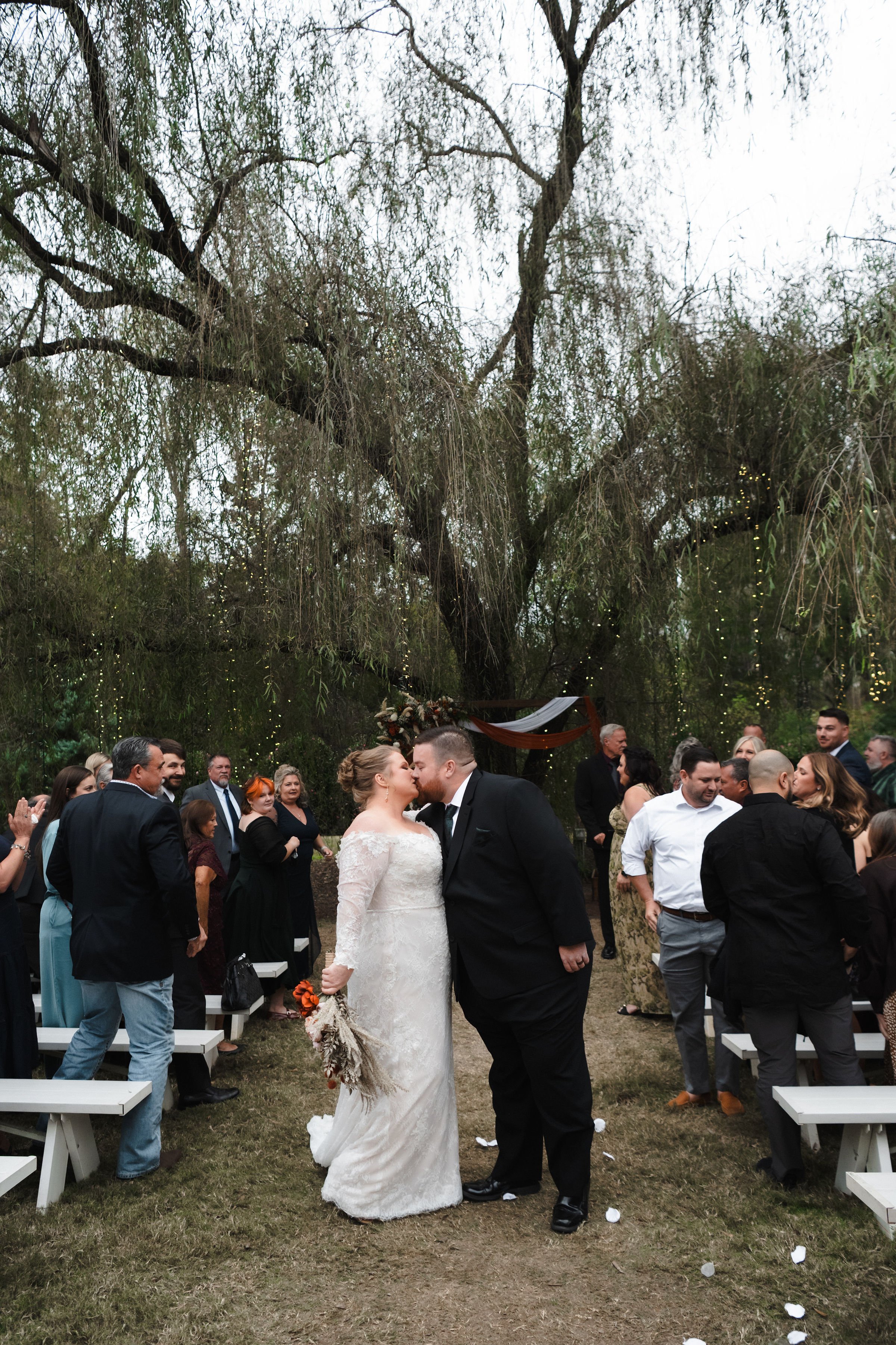 Bride and groom kissing at their outdoor wedding ceremony surrounded by guests, under a large tree with string lights.