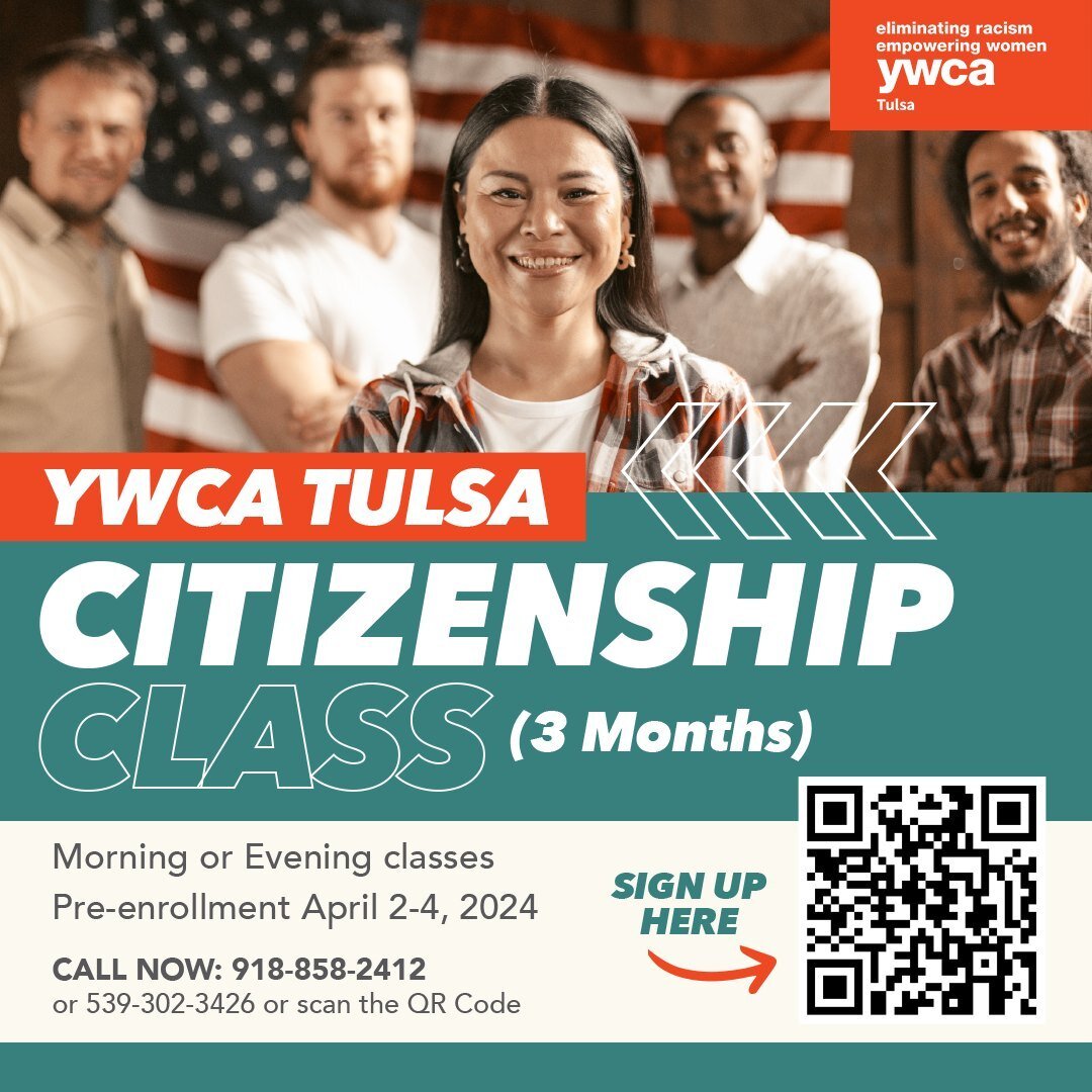 🌟 Don't Forget to Sign Up! 🌟 Pre-enrollment for our FREE morning &amp; evening Citizenship Classes is coming up April 2-4! 🇺🇸✨ For more information, give us a call at 918-858-24112 or 539-302-3426. Sign up today by scanning the QR code or visitin