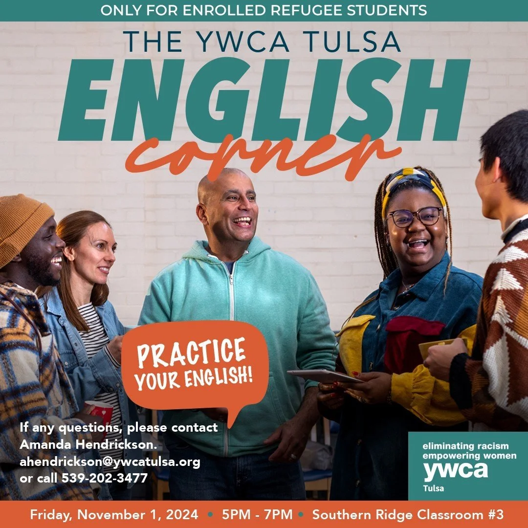 🌍✨ Join us at YWCA Tulsa&rsquo;s English Corner! 📚✏️ Every session is a chance for enrolled refugee students to improve conversational English in a welcoming, friendly environment. Topics range from academics to cultural traditions, idioms, and hol