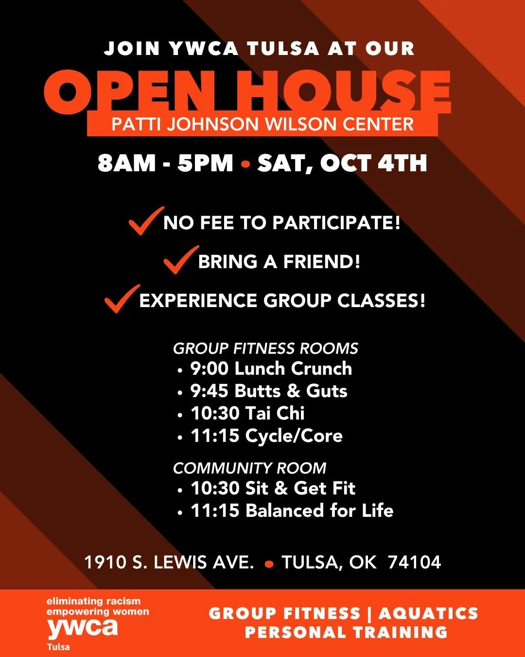 🎉 Join us for our October Open House &mdash; free to participate!

📅 Saturday, Oct 4 | 8 AM &ndash; 5 PM
📍 1910 S. Lewis Ave, Tulsa, OK 74104

✨ Experience our group classes with free guests:

9:00 Lunch Crunch
9:45 Butts &amp; Guts
10:30 Tai Chi

