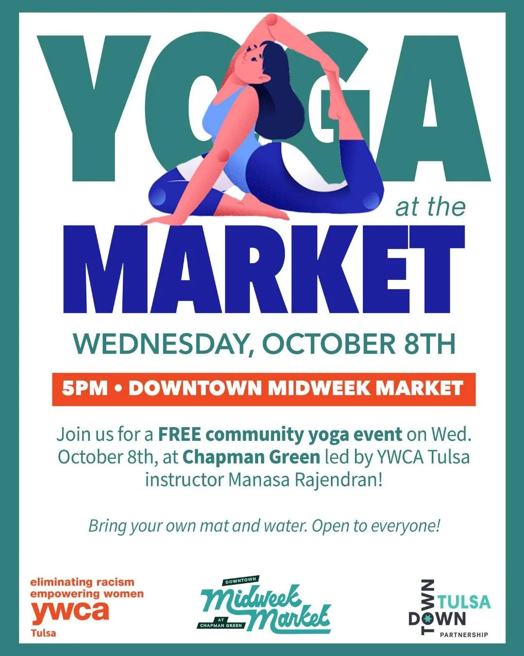 🧘&zwj;♀️ Yoga @midweekmarkettulsa ! Join us for a free yoga class led by Manasa at the Downtown Tulsa Midweek Market on October 8th at 5PM at Chapman Green.
Bring your mat, bring your water, and bring a friend &mdash; this class is open to everyone!