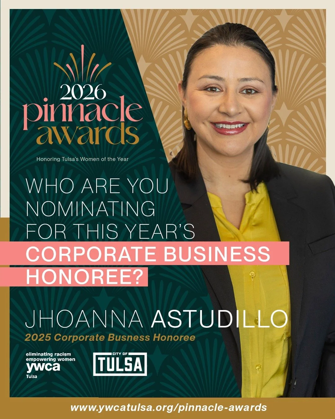 🏆 This Saturday is the final day to nominate this year's 2026 Pinnacle Award Honorees! ￼ ￼✨ Last year, Jhoanna Astudillo was recognized as the 2025 Entrepreneur Honoree. From emigrating from Ecuador in 1999, serving in the U.S. Army and currently th