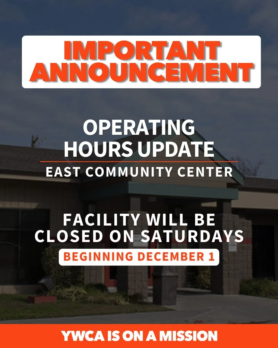 Starting this month, our East YWCA location will now be closed on Saturdays and Sundays. If weekend access is part of your routine, our Patti Johnson Wilson Center is open and ready for you. 💪🏽❤️

East Community Center Hours
Mon-Thu: 8am to 8pm
Fri