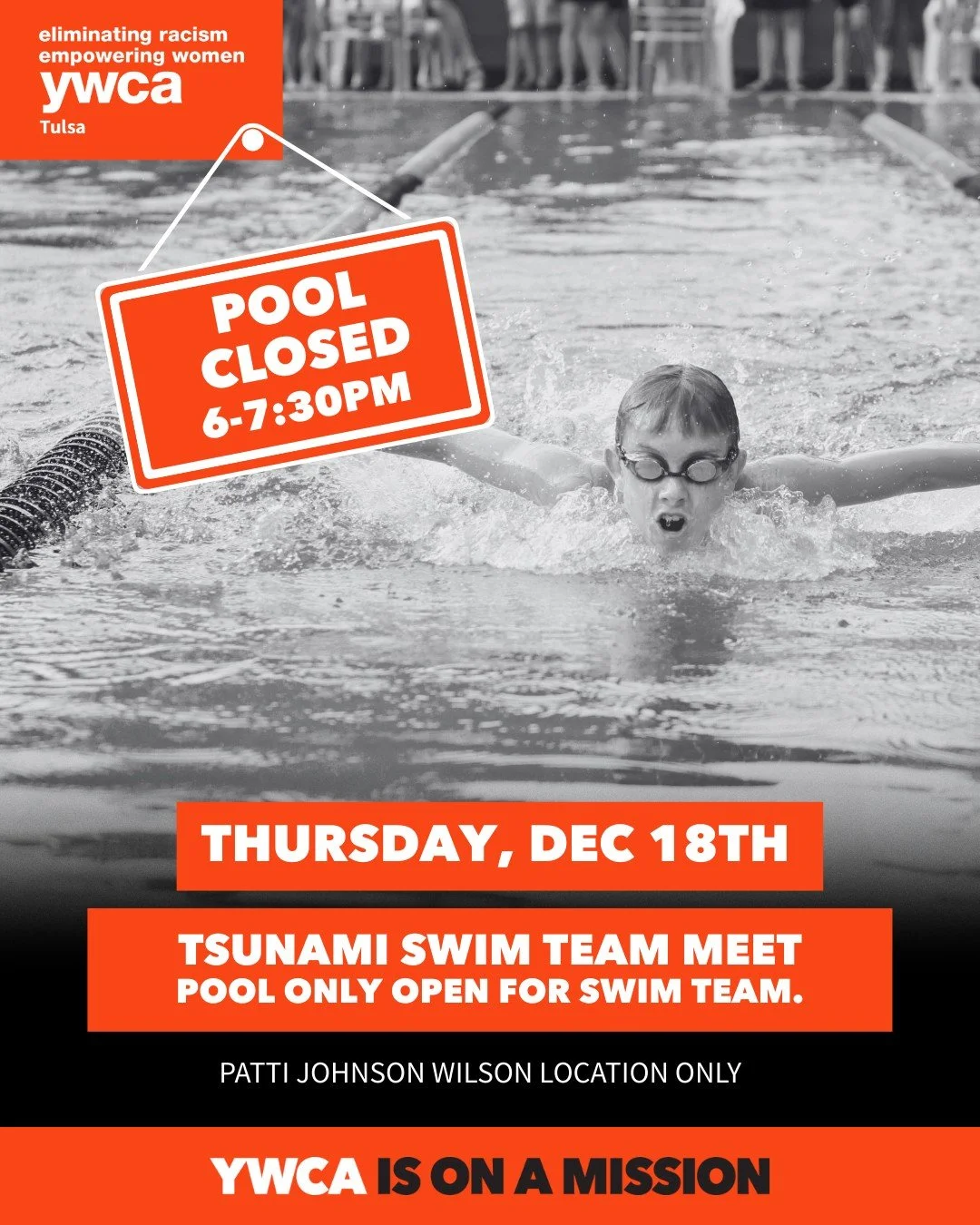 Heads up, pool update for Dec 18. 🌊

Our pool will be closed to general use from 6 to 7:30 pm as we  host a Tsunami Swim Team meet. During that time, the pool will be open for swim team athletes only.

We love our swim team kids and are excited to h
