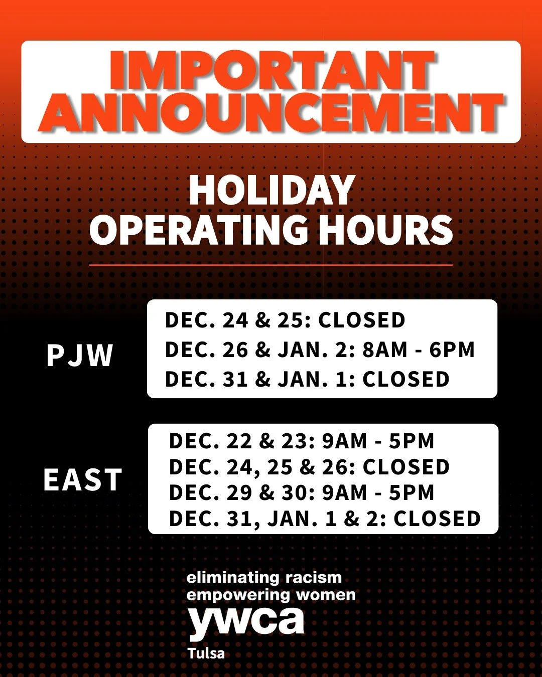 🎄✨ YWCA Tulsa offices and fitness centers will have augmented hours the last weeks of the year to allow our staff to enjoy time with their families. Wishing everyone a safe and joyful holiday season! ❤️❄️ #YWCA #HolidayHours